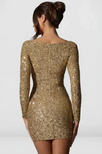 Sephina Embellished Sweetheart-Neck Mini Dress in Gold