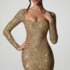 Sephina Embellished Sweetheart-Neck Mini Dress in Gold