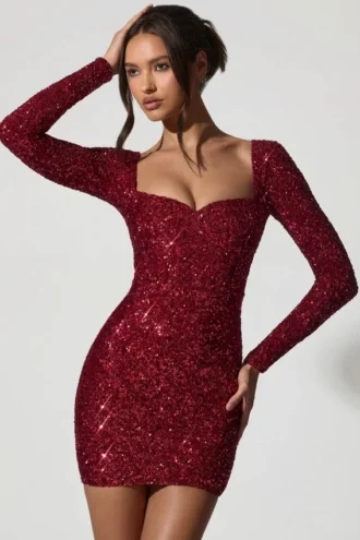 Sephina Embellished Sweetheart-Neck Mini Dress in Red