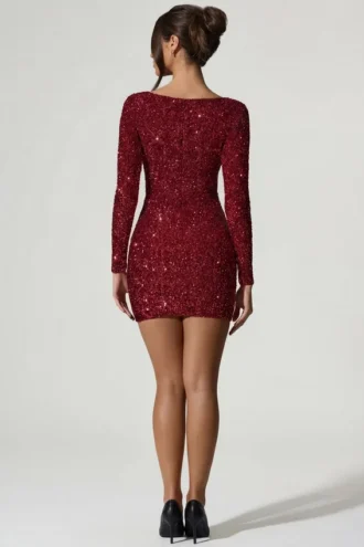 Sephina Embellished Sweetheart-Neck Mini Dress in Red