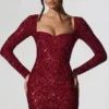 Sephina Embellished Sweetheart-Neck Mini Dress in Red