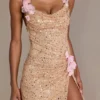 Seraphine Embellished Open-Back Mini Dress in Gold