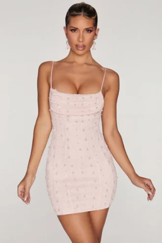 Seychelles Embellished Cowl Neck Mini Dress in Blush
