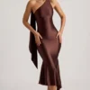 Shaya Asymmetric Scarf-Detail Midaxi Dress in Chocolate Brown