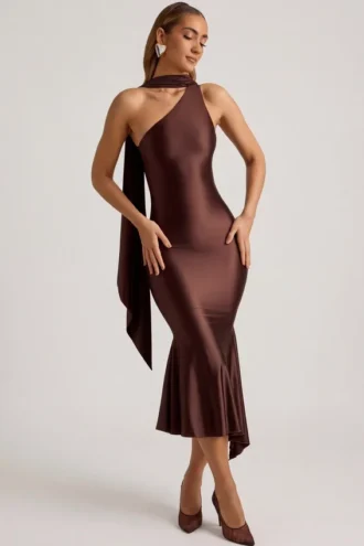 Shaya Asymmetric Scarf-Detail Midaxi Dress in Chocolate Brown