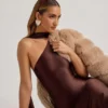 Shaya Asymmetric Scarf-Detail Midaxi Dress in Chocolate Brown