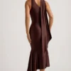 Shaya Asymmetric Scarf-Detail Midaxi Dress in Chocolate Brown