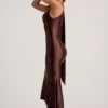 Shaya Asymmetric Scarf-Detail Midaxi Dress in Chocolate Brown