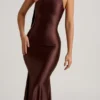 Shaya Asymmetric Scarf-Detail Midaxi Dress in Chocolate Brown