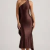 Shaya Asymmetric Scarf-Detail Midaxi Dress in Chocolate Brown
