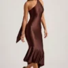 Shaya Asymmetric Scarf-Detail Midaxi Dress in Chocolate Brown