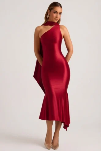 Shaya Asymmetric Scarf-Detail Midaxi Dress in True Red