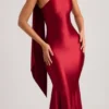 Shaya Asymmetric Scarf-Detail Midaxi Dress in True Red