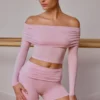 Sheer Off-Shoulder Long-Sleeve Top in Soft Pink