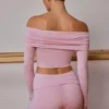 Sheer Off-Shoulder Long-Sleeve Top in Soft Pink