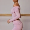 Sheer Off-Shoulder Long-Sleeve Top in Soft Pink
