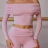 Sheer Off-Shoulder Long-Sleeve Top in Soft Pink