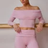Sheer Off-Shoulder Long-Sleeve Top in Soft Pink