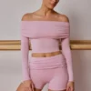 Sheer Off-Shoulder Long-Sleeve Top in Soft Pink