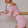 Sheer Off-Shoulder Long-Sleeve Top in Soft Pink
