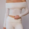 Sheer Off-Shoulder Long-Sleeve Top in Soft White
