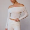 Sheer Off-Shoulder Long-Sleeve Top in Soft White