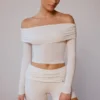 Sheer Off-Shoulder Long-Sleeve Top in Soft White