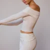 Sheer Off-Shoulder Long-Sleeve Top in Soft White