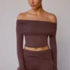 Sheer Off-Shoulder Long-Sleeve Top in Taupe Brown