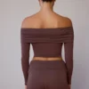 Sheer Off-Shoulder Long-Sleeve Top in Taupe Brown