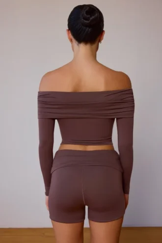 Sheer Off-Shoulder Long-Sleeve Top in Taupe Brown