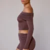 Sheer Off-Shoulder Long-Sleeve Top in Taupe Brown