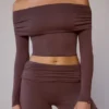Sheer Off-Shoulder Long-Sleeve Top in Taupe Brown