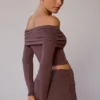 Sheer Off-Shoulder Long-Sleeve Top in Taupe Brown