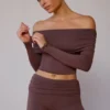 Sheer Off-Shoulder Long-Sleeve Top in Taupe Brown