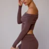 Sheer Off-Shoulder Long-Sleeve Top in Taupe Brown