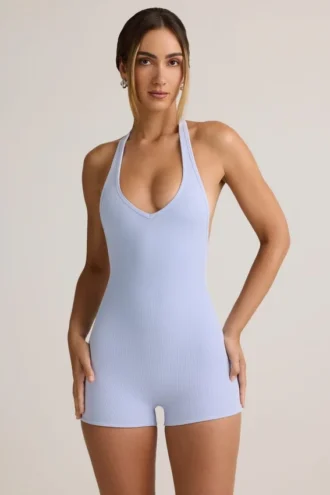 Shelly Modal Ribbed Backless Playsuit in Light Blue