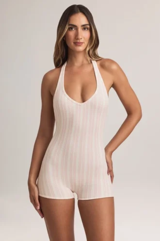 Shelly Modal Ribbed Backless Playsuit in Stripe Print