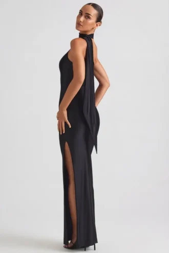 Sheril Asymmetric Scarf-Detail Maxi Dress in Black
