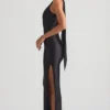 Sheril Asymmetric Scarf-Detail Maxi Dress in Black