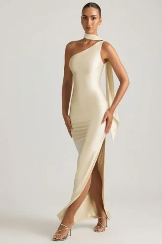 Sheril Asymmetric Scarf-Detail Maxi Dress in Ivory