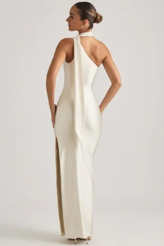Sheril Asymmetric Scarf-Detail Maxi Dress in Ivory