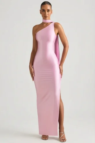 Sheril Asymmetric Scarf-Detail Maxi Dress in Soft Pink
