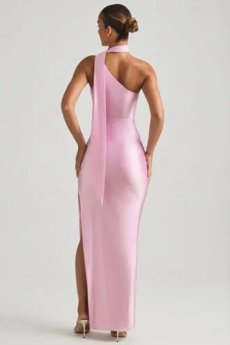 Sheril Asymmetric Scarf-Detail Maxi Dress in Soft Pink