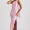Sheril Asymmetric Scarf-Detail Maxi Dress in Soft Pink
