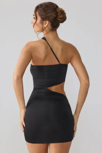 Shyla Slinky Jersey Ruched Cut Out Mini Dress in Black