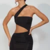 Shyla Slinky Jersey Ruched Cut Out Mini Dress in Black