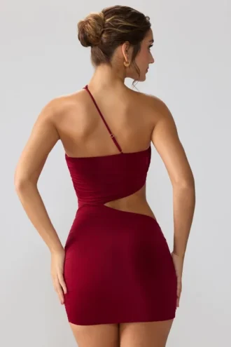 Shyla Slinky Jersey Ruched Cut Out Mini Dress in Ruby