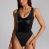 Siana Glossy Vinyl Plunge-Neck Bodysuit in Black