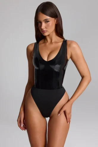 Siana Glossy Vinyl Plunge-Neck Bodysuit in Black